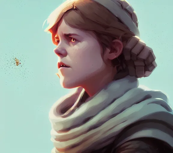Prompt: portrait of female luke skywalker, fantasy, matte painting, illustration, hearthstone, by atey ghailan, by greg rutkowski, by greg tocchini, by james gilleard, by joe fenton, by kaethe butcher, dynamic lighting, gradient light blue, brown, blonde cream and white color scheme, grunge aesthetic