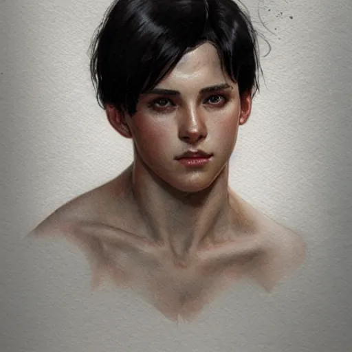 Image similar to young boy, black hair, light muscles, gorgeous, amazing, delicate, elegant, intricate, highly detailed, watercolor, portrait, artstation, concept art, sharp focus, illustration, art by artherm and greg rutkowski and alphonse mucha