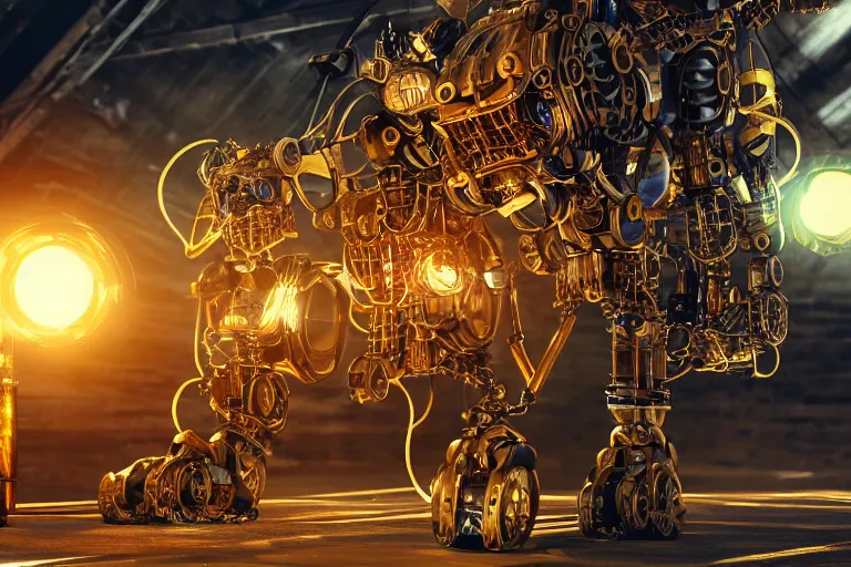 Image similar to a golden and blue metal humanoid steampunk robots wearing and gears and tubes is sitting on the ground, meditation, eyes are glowing red lightbulbs, shiny crisp finish, 3 d render, 8 k, insaneley detailed, fluorescent colors