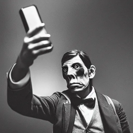 Prompt: the elephant man using an iphone to take a selfie