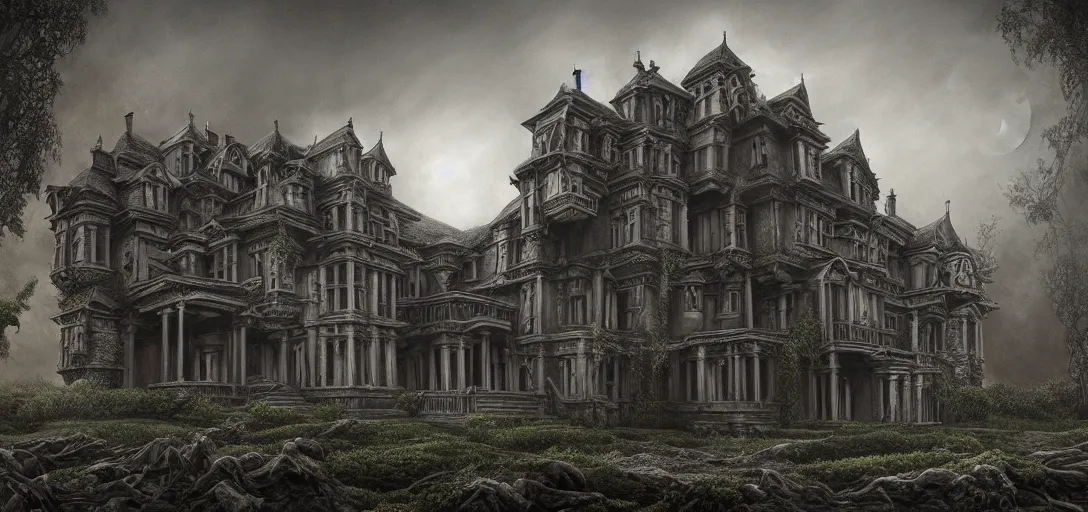 Image similar to A sinister, shadow-filled mansion in the style of Keith Thompson, christopher bretz and kael ngu and Zdzislaw Beksinski, Artstation HD, 8k, Surrealistic digital artwork, highly detailed, digital painting, HDRI, vivid colors, high contrast, 8k resolution, intricate, photorealistic, smooth