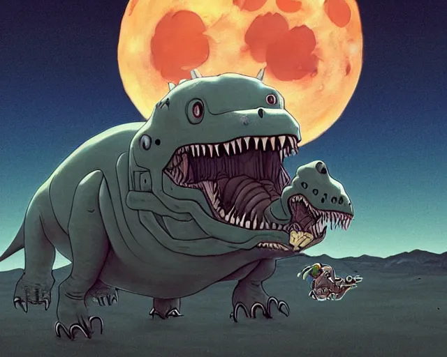 Prompt: a cell shaded cartoon giant grey lovecraftian mechanized t - rex from howl's moving castle ( 2 0 0 4 ), with a big head, on a desert road, wide shot, in front of a big moon, muted colors, post grunge, josan gonzales, wlop, by james jean, victor ngai, hq, deviantart, art by artgem