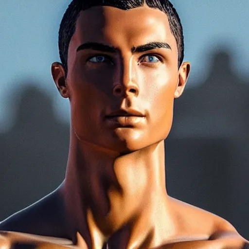 Prompt: “a realistic detailed photo of a guy who is an attractive humanoid who is half robot and half humanoid, who is a male android, Cristiano Ronaldo, shiny skin, posing like a statue, blank stare”