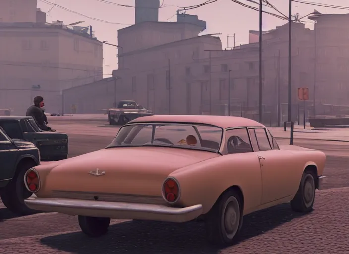 Image similar to hyperrealistic matte painting of gta game in moscow, 1 9 6 0, playstation 5 screenshot, man in adidas, mega details, golden hour, fog beautiful rtx reflections, soviet suburbs, photorealistic, unreal engine 5, octane render, volumetric light, featured on cg society, 4 k, 5 0 mm bokeh, russian lada car, artstation