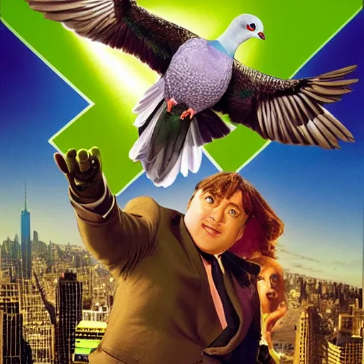 Image similar to action green suit Pigeon hero Sam Raimi and Jon Watts blockbuster movie poster, featuring Marvel Majestic Fat Pigeon in a extravagant full pigeon green body suit by Alex Ross, oil painting