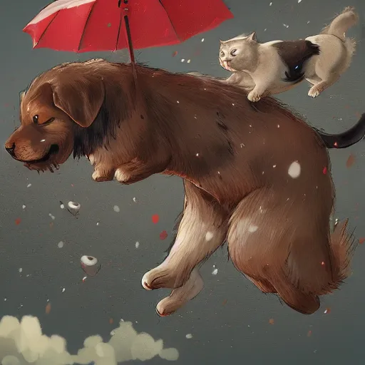 Image similar to giant cats and dogs are falling from the sky like rain, bystanders watching from the sides, 4 k, by miyazaki, monokubo, artstation,