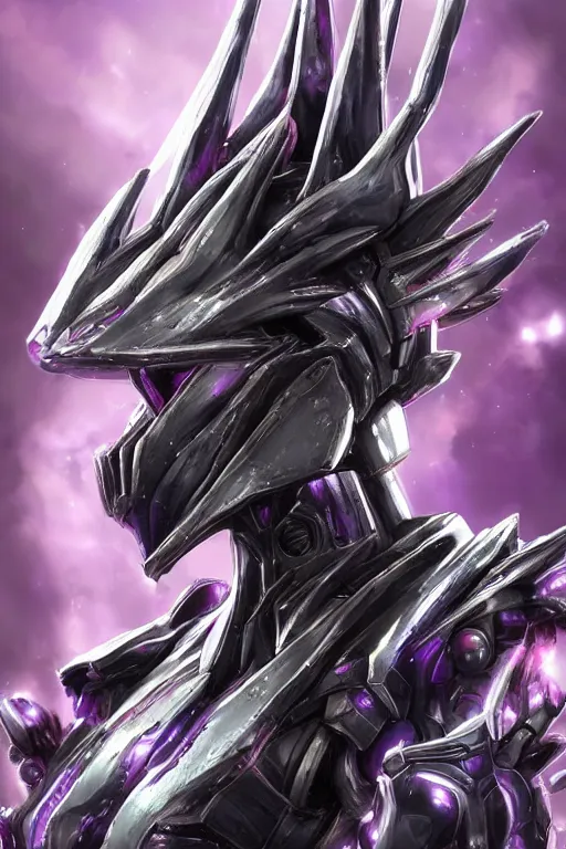Image similar to bust shot, hyperdetailed realistic elegant beautiful stunning giant robot mecha hot female goddess dragon, sharp spines, sharp metal ears, smooth purple eyes, smooth fuschia skin, smooth silver armor, nebula size, space, epic proportions, epic scale, macro giantess, warframe, destiny, furry, dragon art, goddess art, giantess art, furaffinity, octane