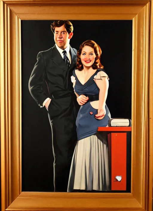 Image similar to portrait painting of jim halpert and pam beesly, dark background, in the style of gil elvgren