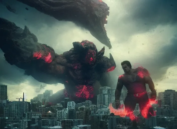 Prompt: seattle being attacked by henry cavill as a hulking herculean demon, by beeple and maciej kuciara and greg rutkowski