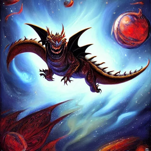 Image similar to A beautiful painting of a dragon in space by Justin Gerard. The dragon is in the foreground with its mouth open, revealing rows of sharp teeth. Its body is coiled and ready to strike, and its tail is wrapped around a star in the background. The colors are bright and the background is full of stars and galaxies. The overall effect is one of chaotic energy and movement. cow print, aardman animation by John Wayne Gacy CGI, tumultuous