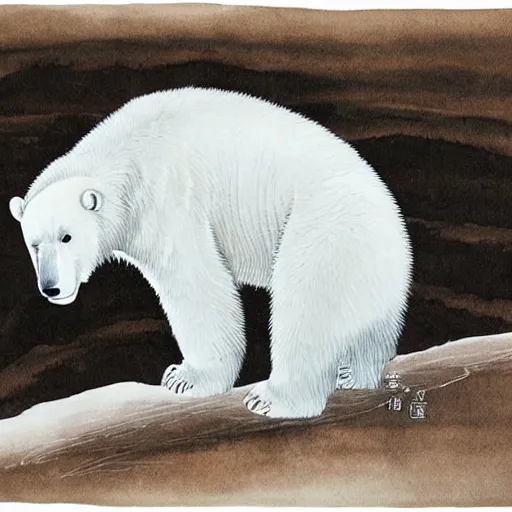 Image similar to a ink painting of a white polar bear by wu daozi, qiu ying,