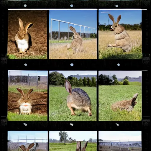 Image similar to a video of a rabbit jumping up over a fence, shown as a film strip showing 9 stills in a grid