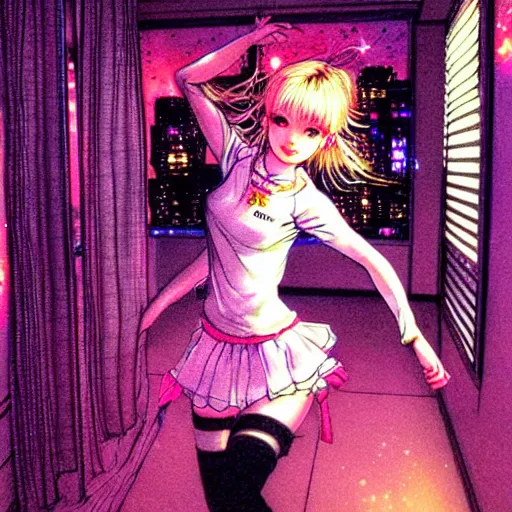 Image similar to cute girl wearing a white girl dancing joyfully in her bedroom at night, cyberpunk lighting, illustrated by ayami kojima