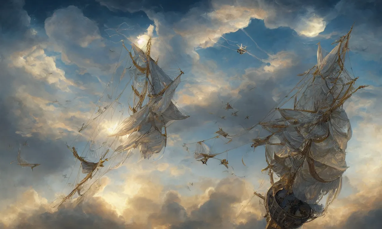 Prompt: a beautiful digital painting of a white caravel flying in the clouds, birds in the sunlight, numerous golden ropes and intricated sails, blue sky at sunset, elegant, highly detailed, artstation, concept art, matte, sharp focus, art by tom bagshaw, kelogsloops and greg rutkowski