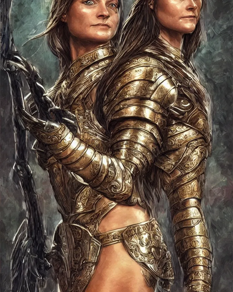 Image similar to a young jodie foster as an amazon warrior, tall and beautiful with brown skin and long hair, dressed in hellenistic body armor, intricate, elegant, highly detailed, smooth, sharp focus, detailed face, art by ardian syaf