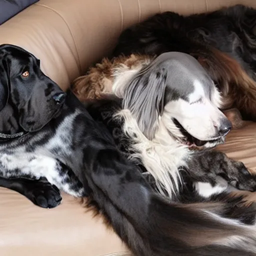 Image similar to a maine coon cat cuddling with a great dane dog