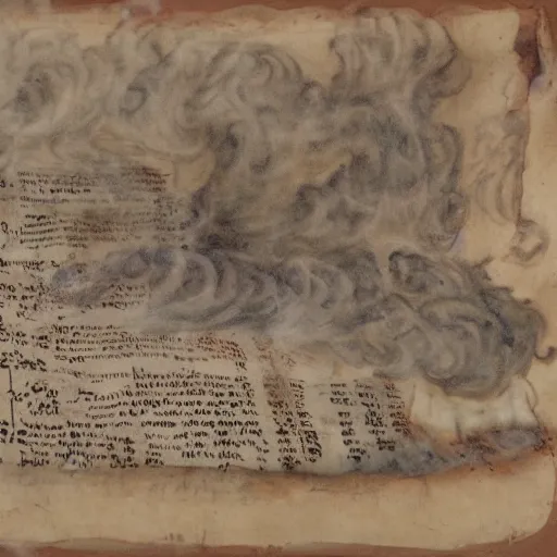 Image similar to a scroll of ancient parchment burns while Hebrew letters float in the smoke, detailed and realistic matte painting