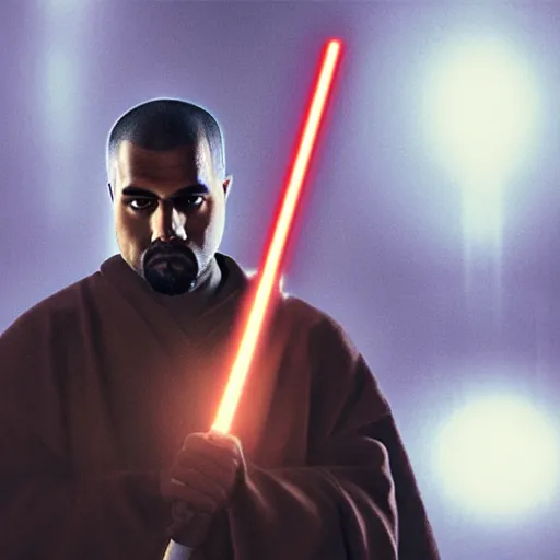 Image similar to Portrait of Kanye West as a jedi in Star Wars, holding lightsabre. splash art, cinematic lighting, dramatic, octane render, long lens, shallow depth of field, bokeh, anamorphic lens flare, 8k, hyper detailed, 35mm film grain