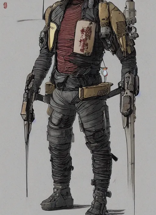 Image similar to cyberpunk samurai in tactical harness and jumpsuit. dystopian. portrait by stonehouse and mœbius and will eisner and gil elvgren and pixar. realistic proportions. cyberpunk 2 0 7 7, apex, blade runner 2 0 4 9 concept art. cel shading. attractive face. thick lines.