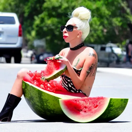 Image similar to lady gaga eating watermelon sitting on the street, lots of flies flying around