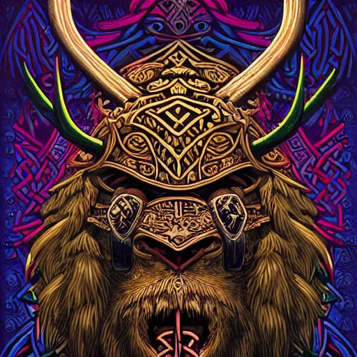 Image similar to barong family member, viking warrior, viking beard, reindeer horns, runic inscription, mammoth, wiwek, mara demon, one single tribe member, jungle, one single mask, dark, ancient warrior, tribal, inner glow, art by dan mumford and justin gerard