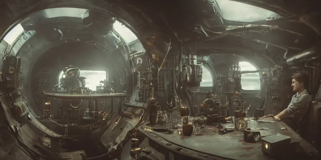 Image similar to photograph of a dieselpunk submarine interior set design, cinematic lighting, color contrast, arri alexa, anamorphic bokeh, professional lighting, 4 k, photographed by erik johansson, graded with davinci resolve