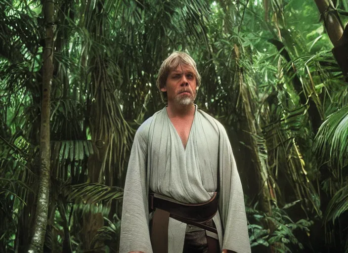 Image similar to screenshot portrait of luke skywalker at the new jedi temple in the jungle. played by actor Mark Hammill, Photographed with Leica Summilux-M 24 mm lens, ISO 100, f/8, Portra 400