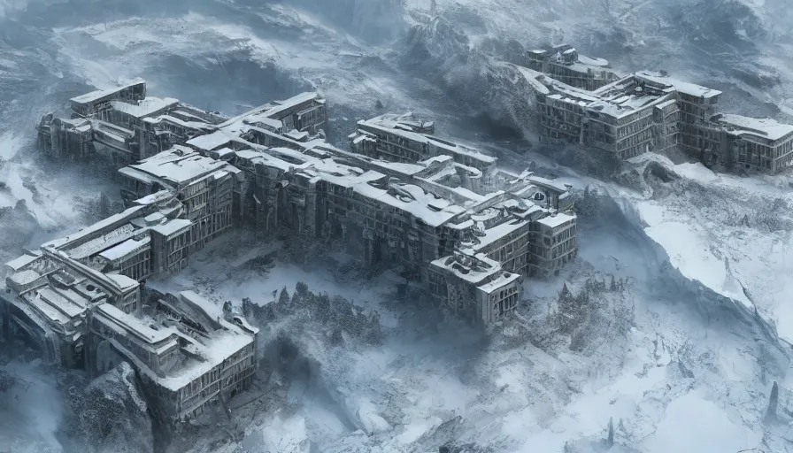 Prompt: Huge sanatorium built on the edge of a snowy cliff, hyperdetailed, artstation, cgsociety, 8k