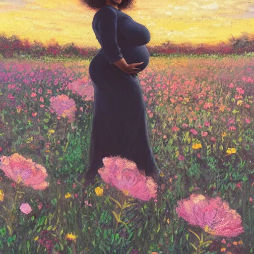 Image similar to pregnant black woman with curly hair in a vast field of flowers, laying down, a tiny black puppy running around, golden hour, vintage, impressionist painting, fine art, oil painting, dreamy, pastel, laughing, happy, intricate details, sharp, peaceful, serene