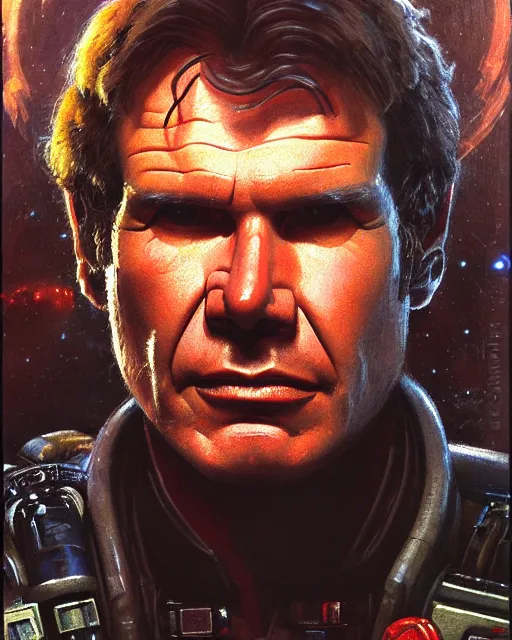 Image similar to character portrait closeup 4 0 years old han solo harrison ford cyberpunk starcraft terran warhammer 4 0 k space marine, confident, character design, painting by gaston bussiere, katsuya terada, frank frazetta, tom of finland, gta v, wlop, artgerm, trending on artstation