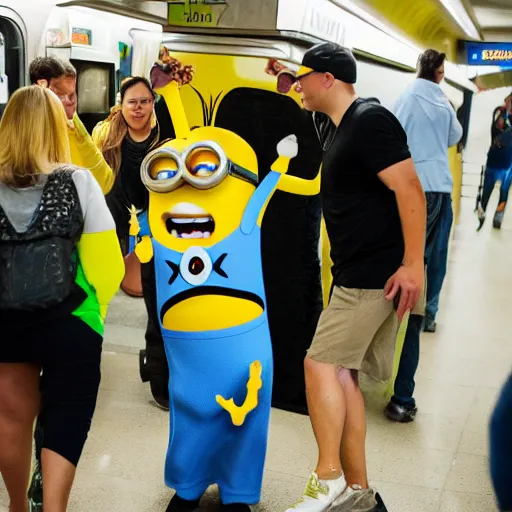 Prompt: subway jared luring minion with a banana