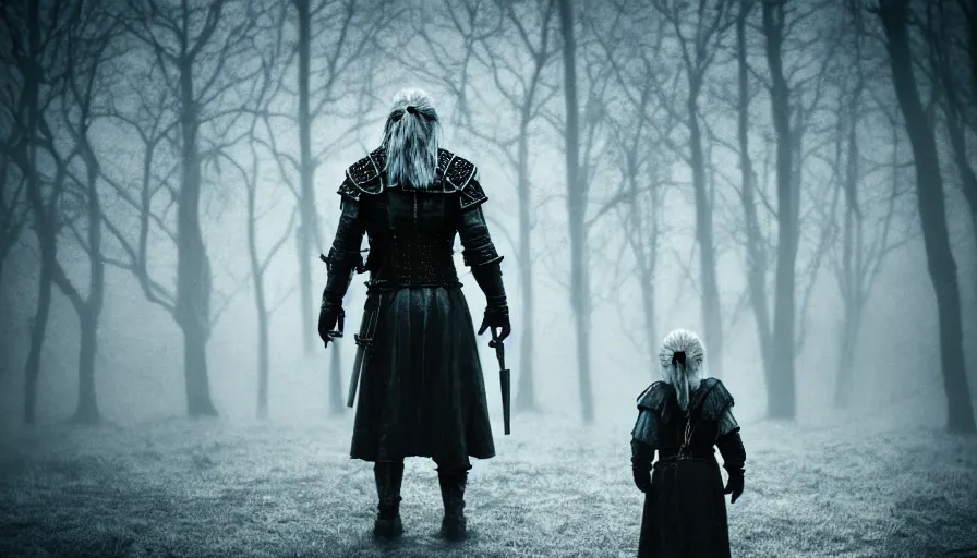 Image similar to a alone child, alone in the darkside, cold place, mother of witchers, spirits in the dark, real atmosphere, old home decor, crossbreeding, lightness, sad atmosphere, the loner, witcher, a jean