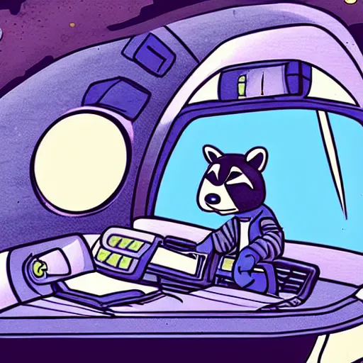 Image similar to a raccoon janitor messing with the controls on a spaceship, fantasy illustration cartoon