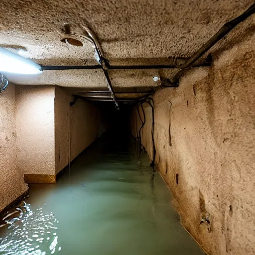 Image similar to deep underground bunker, flooded, dirty water, rusty pipes, cables