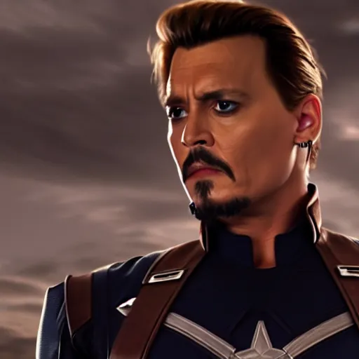 Image similar to an avengers movie still of johnny depp as captain america, 4 k, cinematic