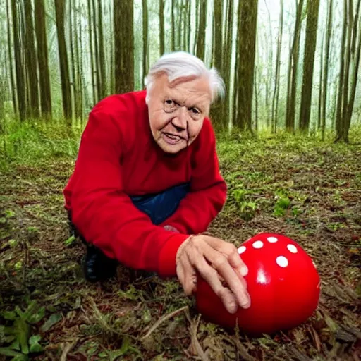 Prompt: david attenborough crawling on the ground, eyes rolled back, wearing red clothes, solid red super mario hat, eating a big red mushroom with white dots, in a forest