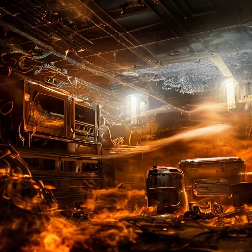 Image similar to overcharging toaster oven, tangles of metallic cables, dark messy smoke - filled cluttered workshop, dark, dramatic lighting, orange tint, sparks, plasma charges, cinematic, highly detailed, sci - fi, futuristic, movie still