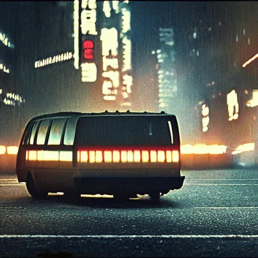 Image similar to blade runner minivan parked cinematic