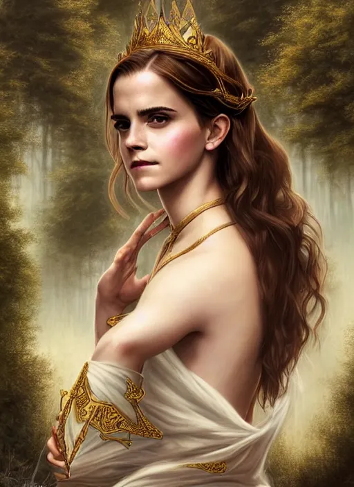 Image similar to emma watson as magic healer goddess, long hair, white and gold cloth, lake in the forest, D&D, shiny background, intricate, elegant, highly detailed, digital painting, artstation, concept art, smooth, sharp focus, illustration, artgerm, bouguereau