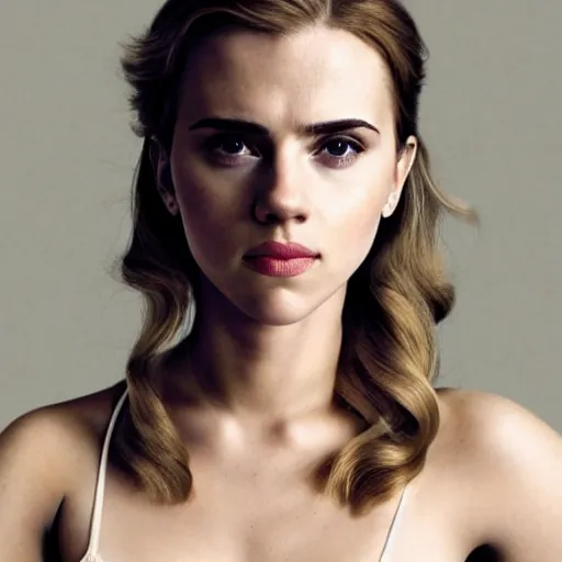 Image similar to a woman who is a genetic combination of scarlett johansson and emma watson face and upper - body focus