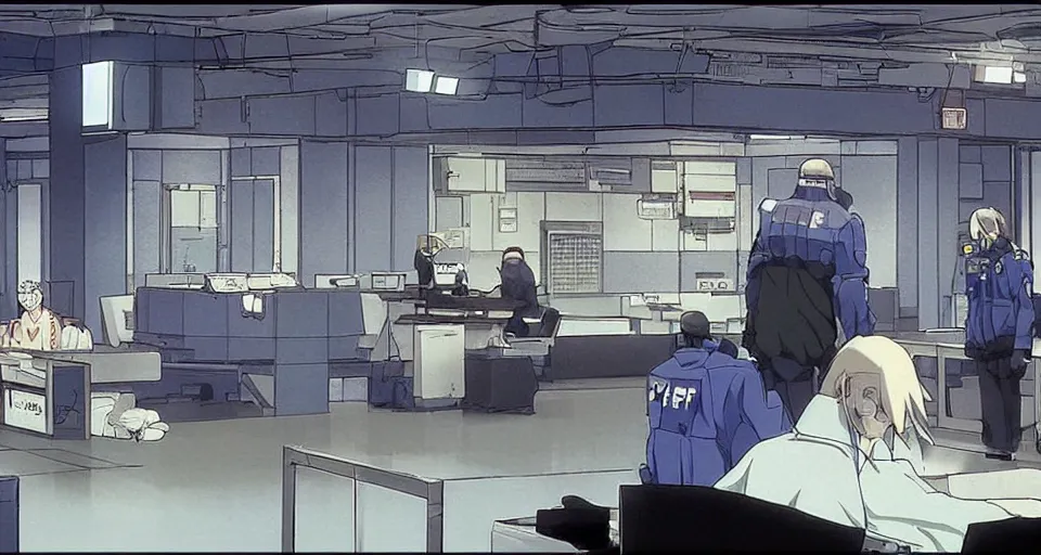 Image similar to Scene within the location called 'Public security section 9'. Police station interior. Screenshot from an episode of the anime 'Ghost in the shell: Stand Alone Complex' (2003). Produced by 'Production I.G'. Original manga by Masamune Shirow. Art direction by Kazuki Higashiji and Yuusuke Takeda.