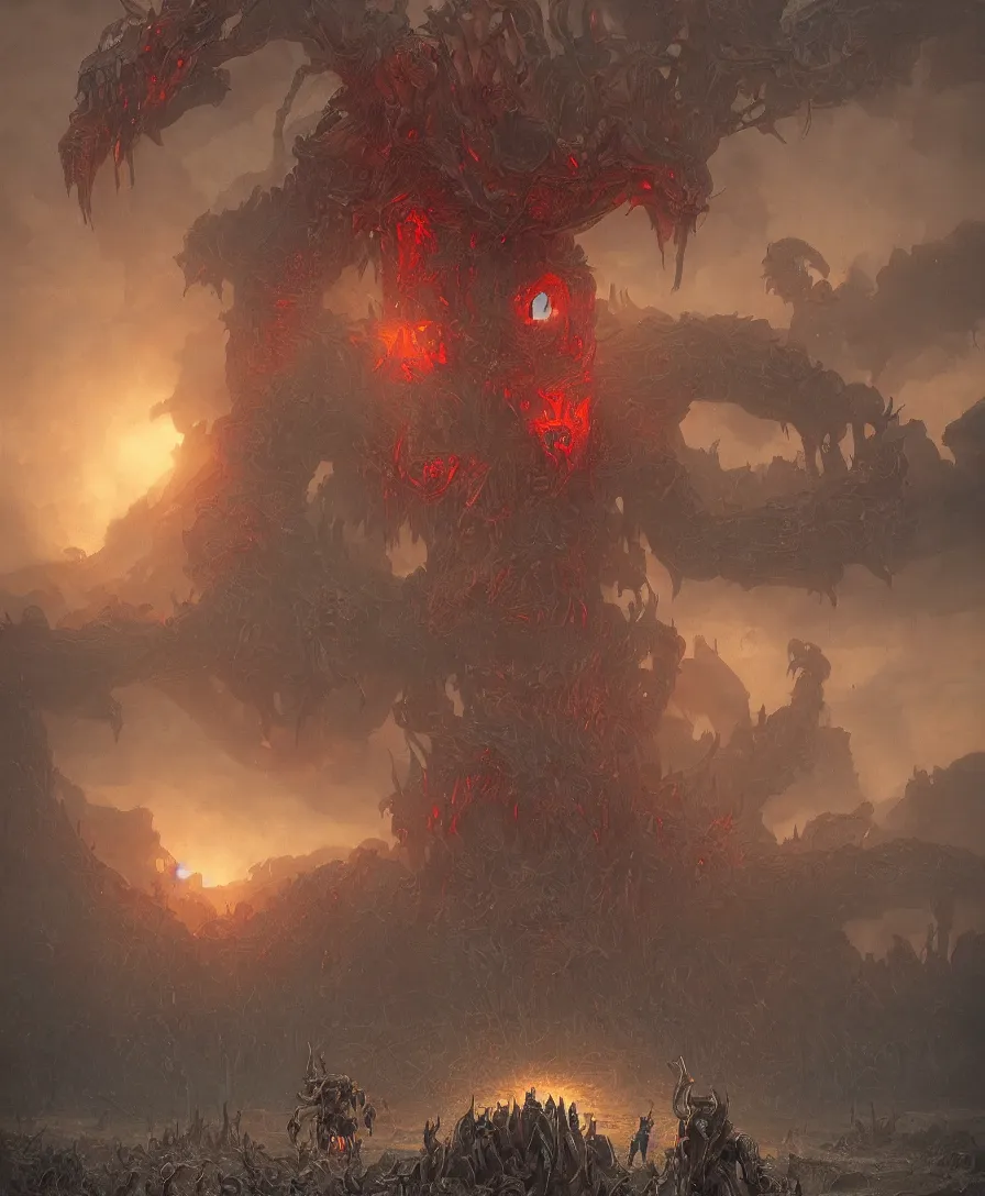 Prompt: giant hangry devil with arms open in tribunal in judgement day, illustrated by Simon Stålenhag and Gaston Bussiere, intricate, ultra detailed, photorealistic, trending on artstation