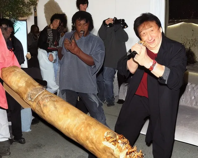 Image similar to Kayne West and Jackie Chan smoking one giant two foot joint, By Rainer Hosch