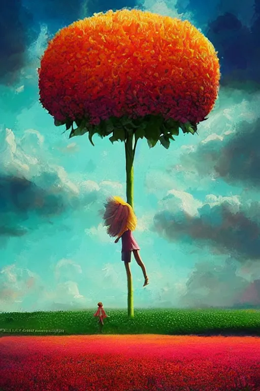 Image similar to giant flower head, girl walking in a flower field, surreal photography, sunrise, dramatic light, impressionist painting, colorful clouds, digital painting, artstation, simon stalenhag