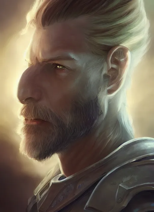 Image similar to an epic fantastic realism comic book style portrait painting of an aasimar paladin, male, angel wings on back, silver hair, short brown beard, d & d concept art, unreal 5, daz, teal aesthetic, octane render, cosplay, rpg portrait, dynamic lighting