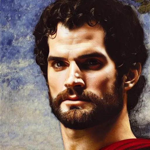 Image similar to Oil painting of the handsome Henry Cavill, he is wearing ancient greek cloths, naturalism, dramatic lighting, high-detailed oil painting by Ilya Repin, Michelangelo da Caravaggio, William Blake, Alex Grey and Beksinski, trending on Artsatio, masterpiece, 4k, 8k,