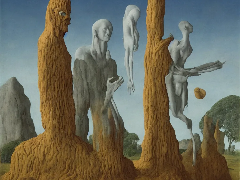 Image similar to albino mystic, with his back turned, looking at a giant totemic African statue, archaic, geometric, strange god, mound, rock. Painting by Jan van Eyck, Audubon, Rene Magritte, Agnes Pelton, Max Ernst, Walton Ford