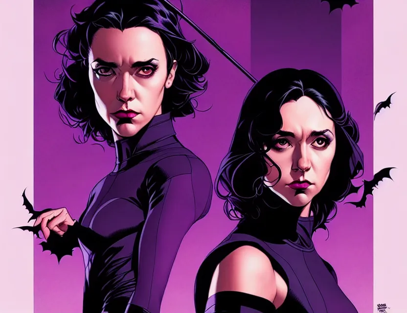 Prompt: Rafael Albuquerque comic cover art, artgerm, Joshua Middleton, pretty Stella Maeve witch doing black magic, serious look, purple dress, symmetrical eyes, symmetrical face, long black hair, full body, dark forest in the background, cool colors