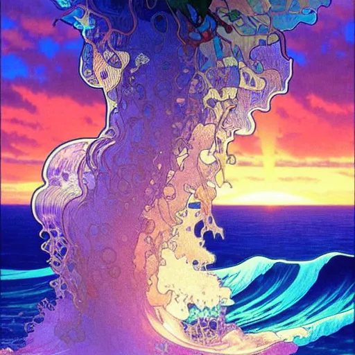 Image similar to orchid flower surrounded by ocean wave, lsd water, dmt waves, backlit, sunset, refracted lighting, art by collier, albert aublet, krenz cushart, artem demura, alphonse mucha