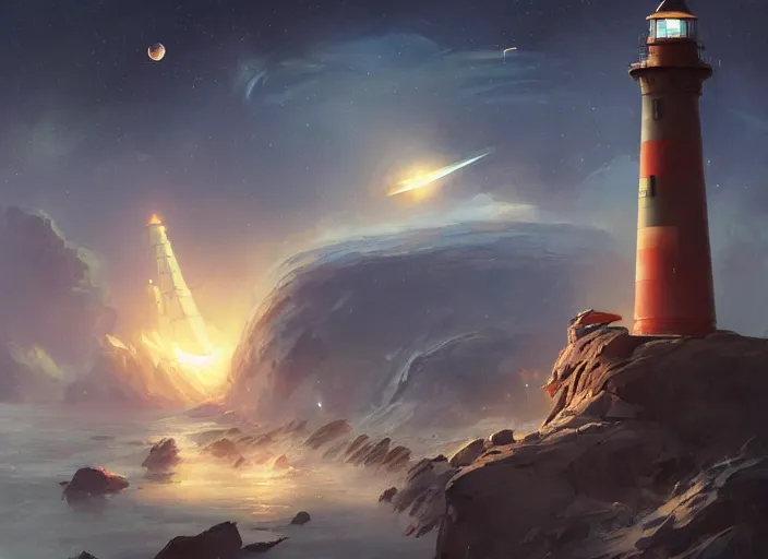 Prompt: a lighthouse in space, meteors, air shot, elegant, digital painting, concept art, smooth, sharp focus, illustration, from StarCraft by Ruan Jia and Mandy Jurgens and Artgerm and William-Adolphe Bouguerea